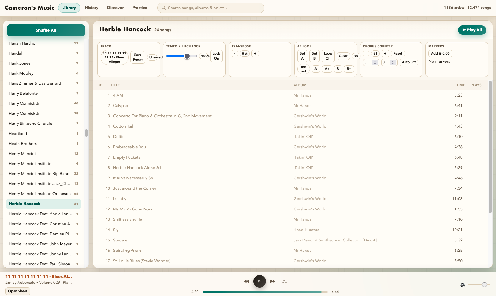 Local music player UI showing artist navigation, search, playback history, and practice controls.