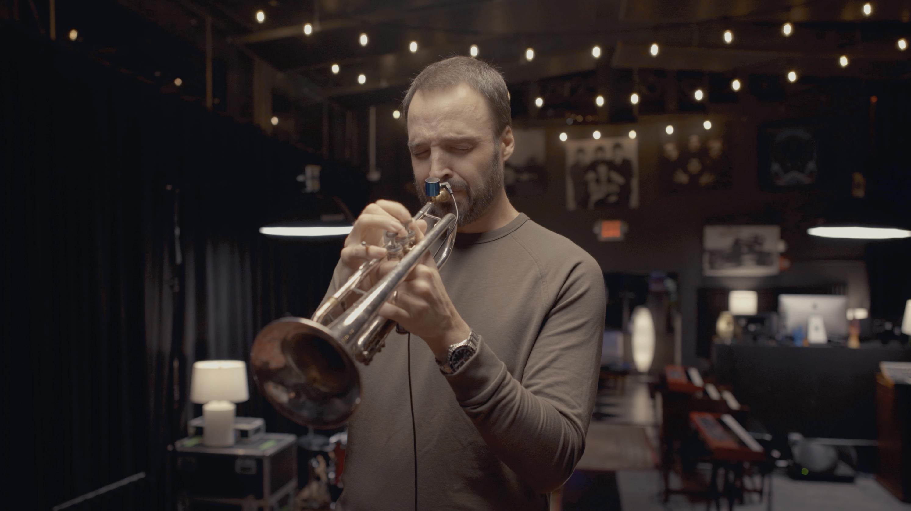 Cameron Summers playing trumpet during the Organum Engine recording session